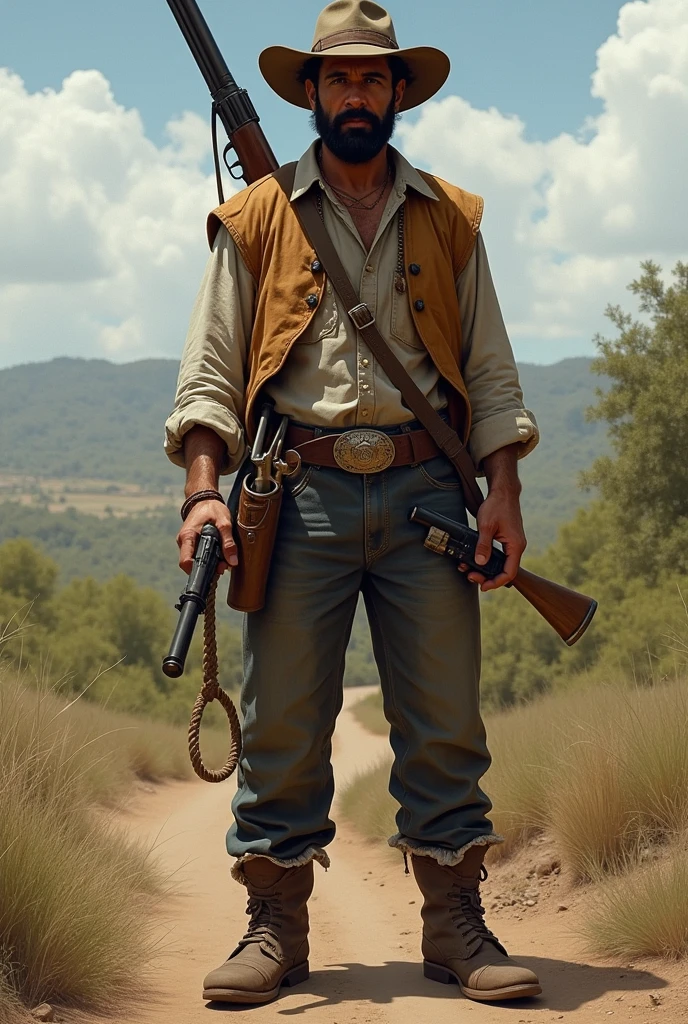 A 30-year-old man in cowboy clothes and hat from the sugar mill era, small black beard, a rope in the style of a noose hanging from the waist on the left side, with a shotgun on his back, an old pistol in his right hand, a knife on the right side of the waist, This man has to be a strong man but not muscular and in the northeastern backlands in the caatinga.