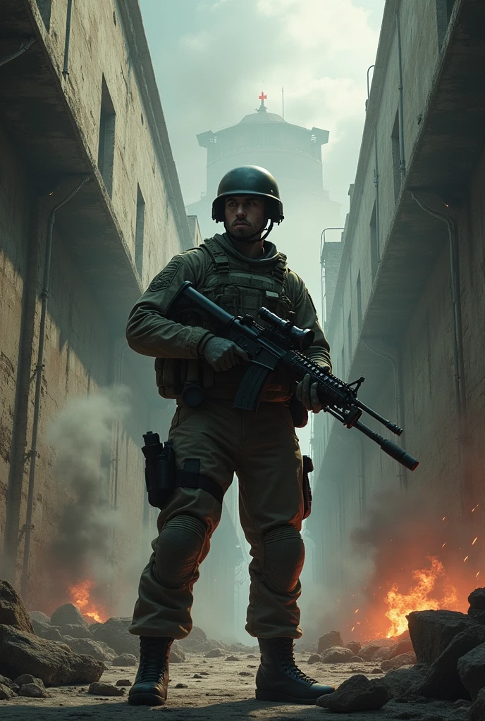 A war scene in Alcatras prison and a soldier in the foreground holding a gun and saying the best class of the iso