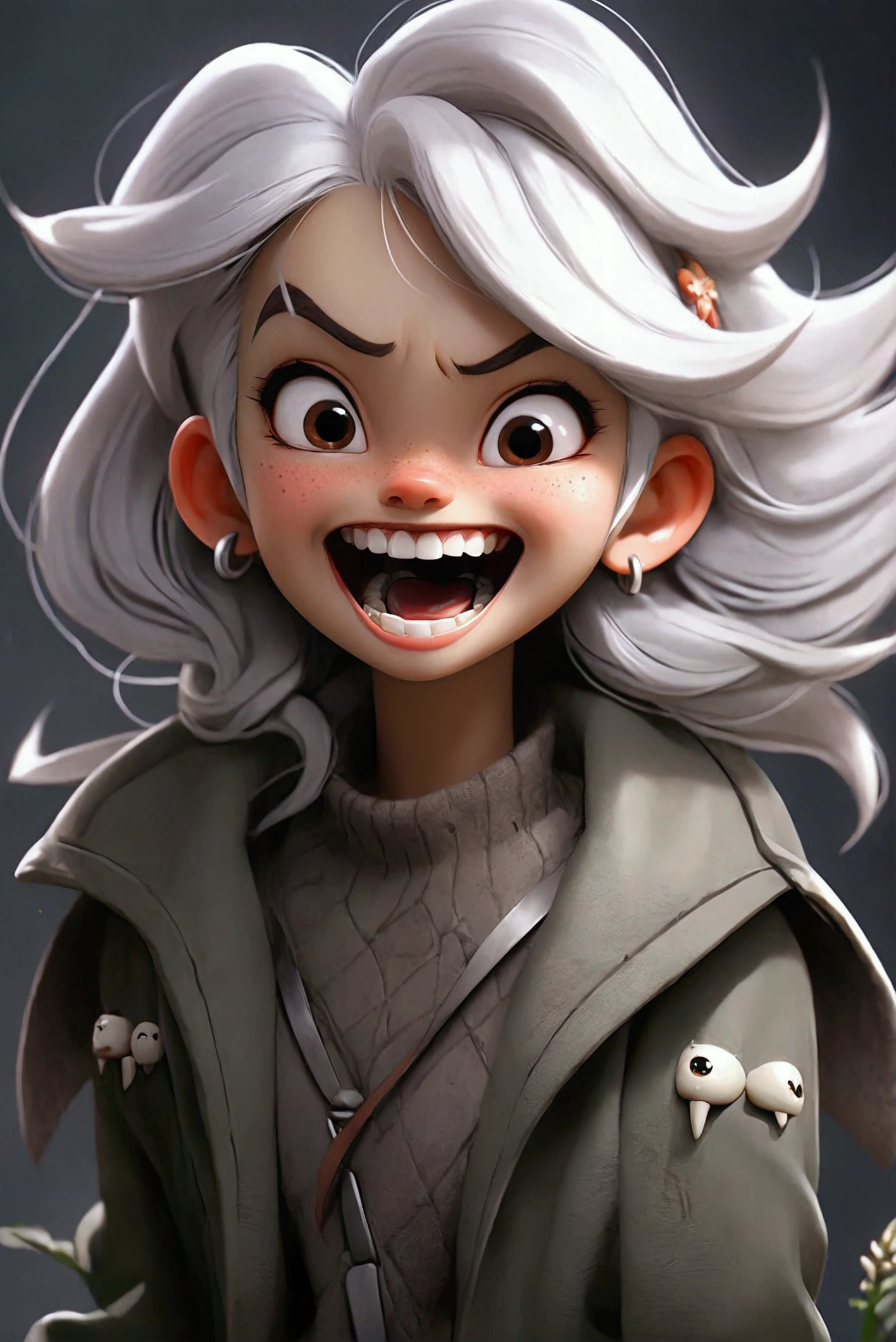 One girl,Silver hair Sharp teeth、tooth