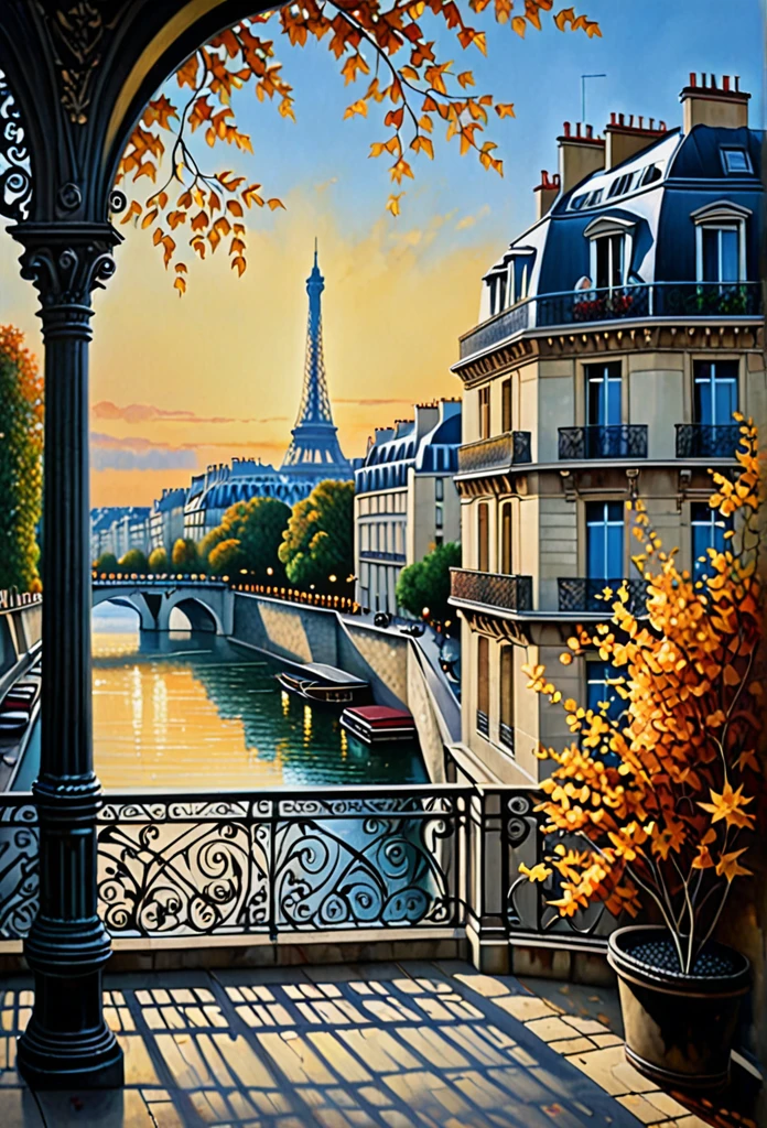 A poetic picture of Paris, France with the 1960's romantic style in the end of Summer where leaves begin to fall, oil on canvas painting, photo realistic, insanely detailed and intricate city scene, volumetric lighting, with a couple sitting by the Seine river, including reflections of the city lights on the water, and capturing the intricate ironwork of balconies and railings