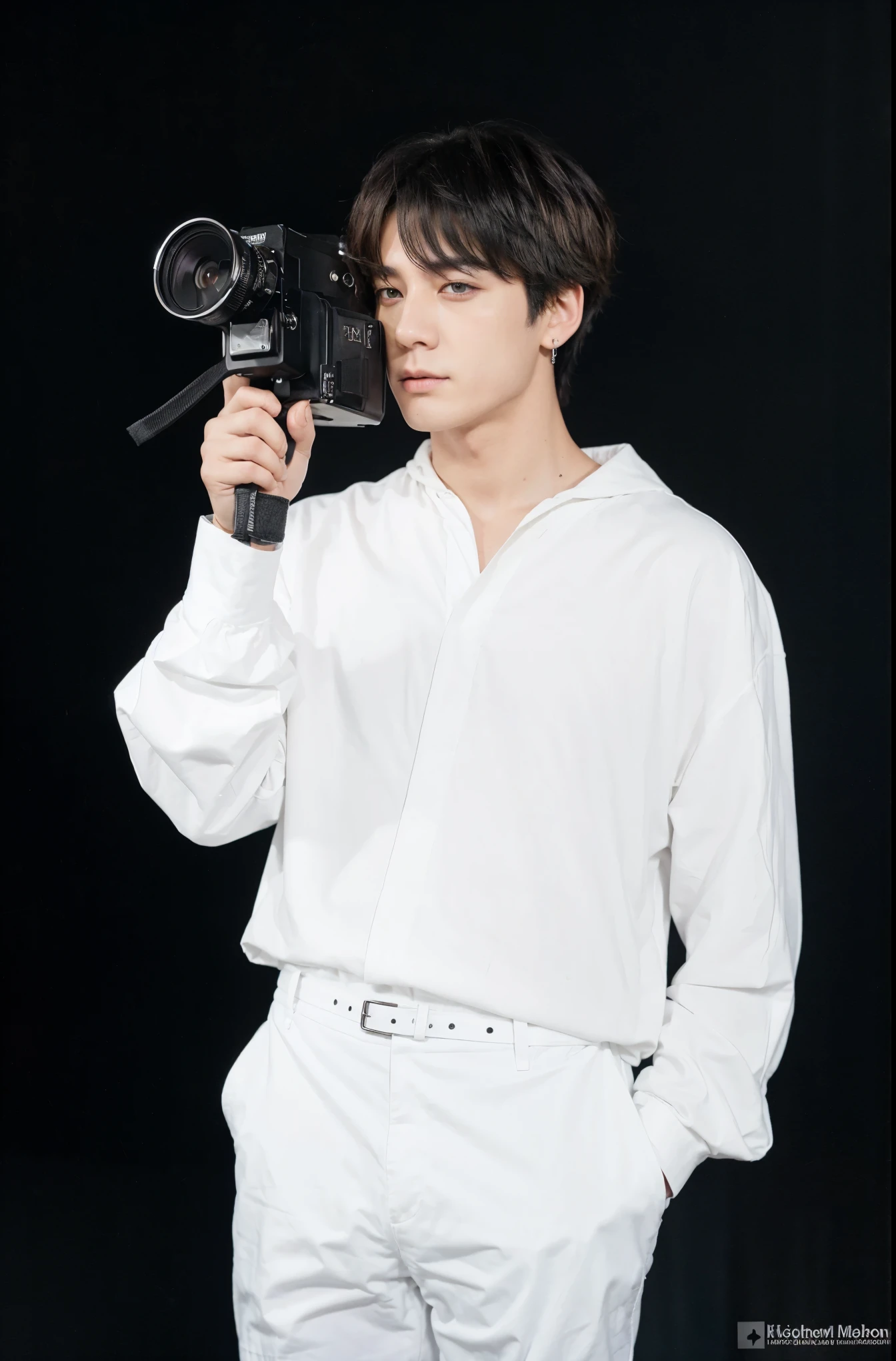 Change your hair to black and make your clothes black, metal rock style., that he has a camera hanging around his neck jungkook of bts that the clothes are metal.
