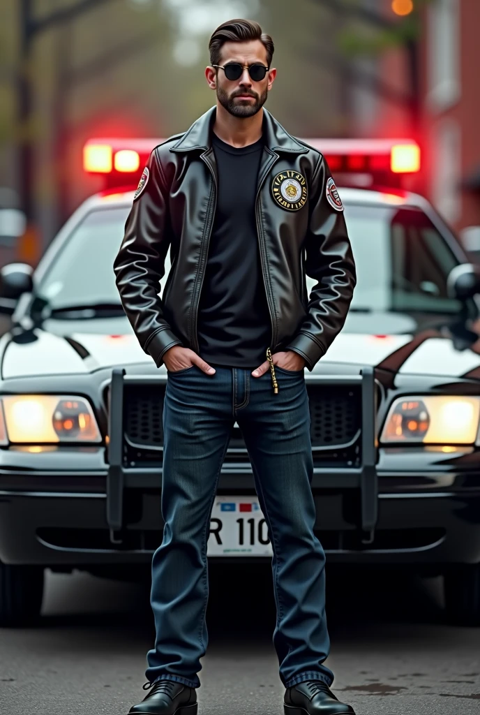A man with brown hair and bread, standing in front of police car. He wears lether jacket with mark of police, black shirt, jeans and black shoes. He also is wearing sunglasses as accessory.