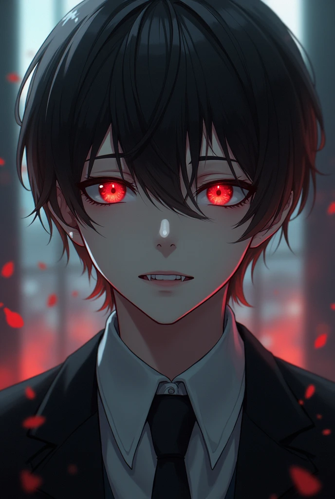 anime style vampire boy with red eyes resin brown hair uniform black white pale skin sharp teeth