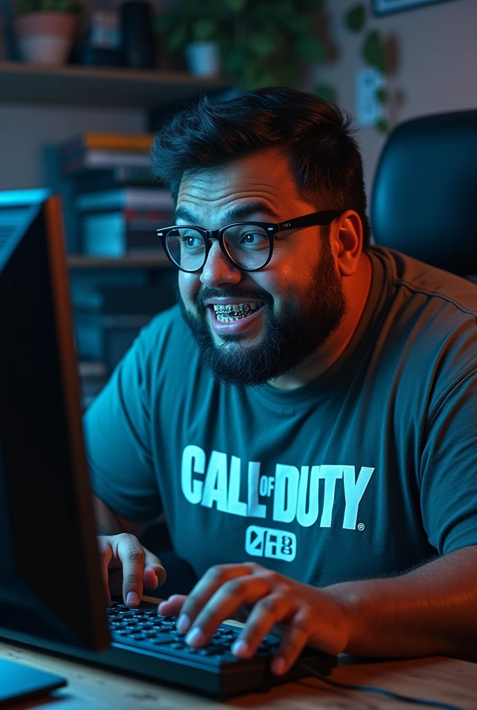 Create an image of a fat, nerdy, dark-skinned man with braces playing video games with a t-shirt that has the Call of Duty logo on it.