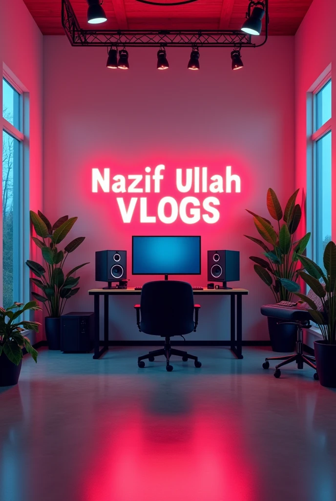Create studio room with Computer Setup Inside On the wall Behind as Bright Lighting Glowing Text Says " Nazif Ullah Vlogs "