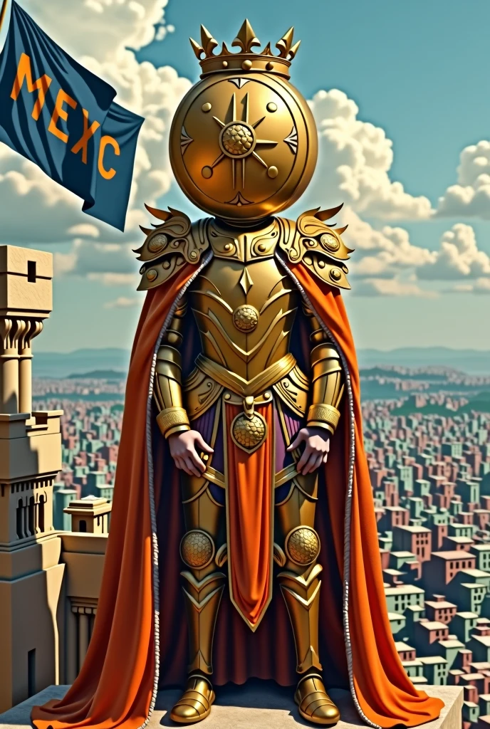 The king, whose head is very big and looks like a coin and has orange armor and a beautiful crown, is standing on top of the castle and looking at a big city, whose flag is written "MEXC" and the color of this flag is dark blue.