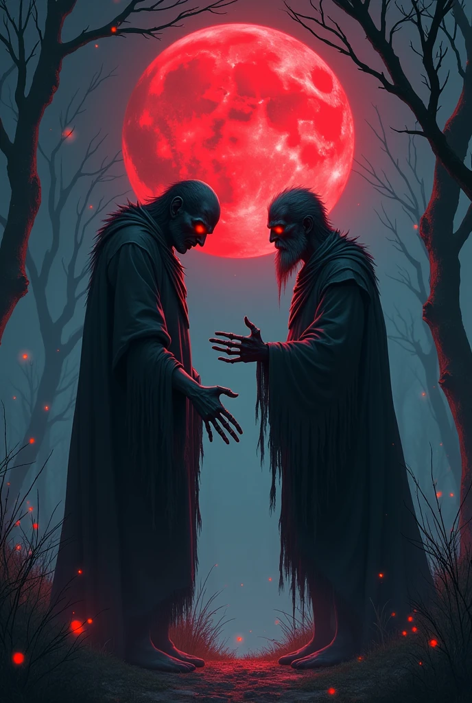 (Deux hommes)Un environnement sombre et mystique, dans une clairière éclairée par une lune rouge sang. N'koma fait face au sorcier Nyoka, un homme à l'apparence sinistre, avec des yeux rouges brillants et une aura de ténèbres autour de lui. Nyoka tend une main squelettique à N'koma pour sceller le pacte.