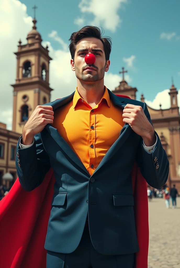 A person standing in a superman position with a suit and opening his jacket and shirt showing a colorful polo shirt between the buttons when he takes off the suit but with a clown nose in the style of a happy superman in realism that is in an American flat signal like a movie with the background of the church in the Plaza de Armas of Cajamarca, Peru but in the style of a Hollywood movie poster