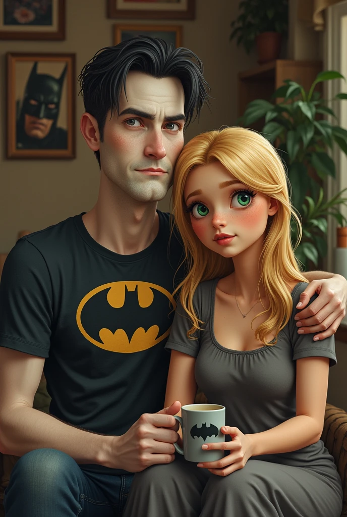 You can create a family photo of a Batman fanatic couple, a tall man with skin, a little blond burnt out next to his tea wife, white, black hair and green eyes And broad build
