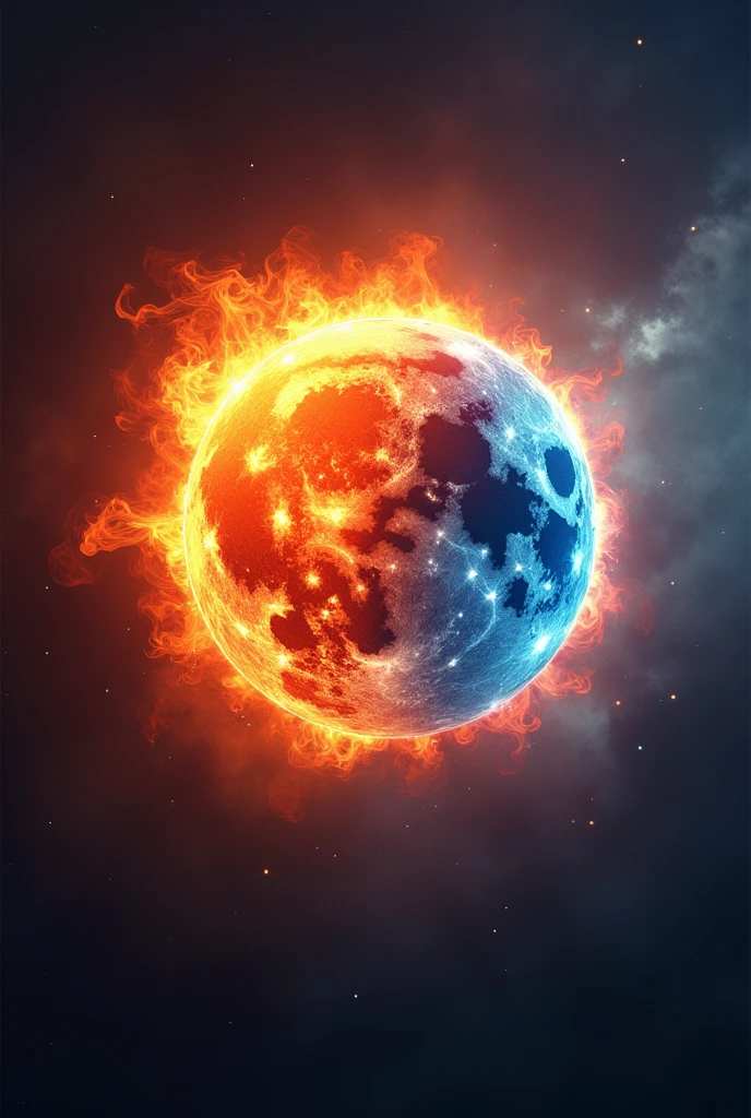 sun and moon together, sun illuminated in fire and moon illuminated with blue fire