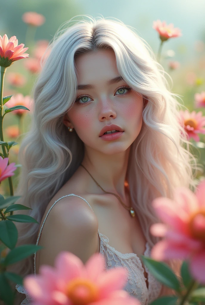 A very pretty dreamy girl, beautiful face, long floating platinum silver and rose hair in a field of flowers art by Lin Fengmian, Anna dittmann, Justin Gaffrey, John Lowrie Morrison, Patty Maher, John Ruskin, Chris Friel, van Gogh, Valerie Hegarty, endre penovac. 3d, soft colors watercolors and ink, beautiful, fantastic view, extremely detailed, intricate, best quality, ultra hd, 16k resolution