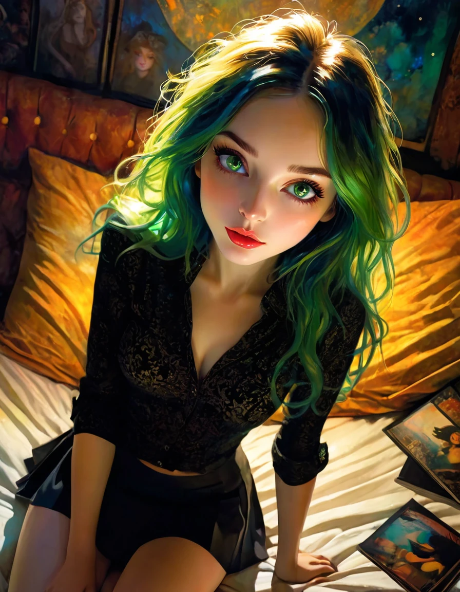 ((masterpiece)), ((best quality)), (ultra detailed), ((extremely detailed)), 4K, (8K), best quality, (beautiful), realistic style, in the room, on the bed, a cute girl, 1 girl, alone, miniskirt, beautiful long multicolored hair, beautiful green eyes, ((beautiful eyes)), long hair, light smile, blush, lens flare, from above, selfie, night, on the couch in a living room overlooking a magical night with stars, eroticism, sexy, (best quality, 4k, 8k, high resolution, masterpiece: 1.2), ultra-detailed, (realistic, photorealistic, photorealistic: 1.37), details intricate, vivid colors, sharp focus, professional, Dave McKean artwork, surrealism oil touch, oil painting style, portrait, woman, beautiful detailed eyes, beautiful detailed lips, dreamy atmosphere, shadow play, lighting soft, fun pose, dark tones, ethereal background, fantasy elements, texture, layered composition., art inspired by Bill Sienkiewicz and Dave McKean.