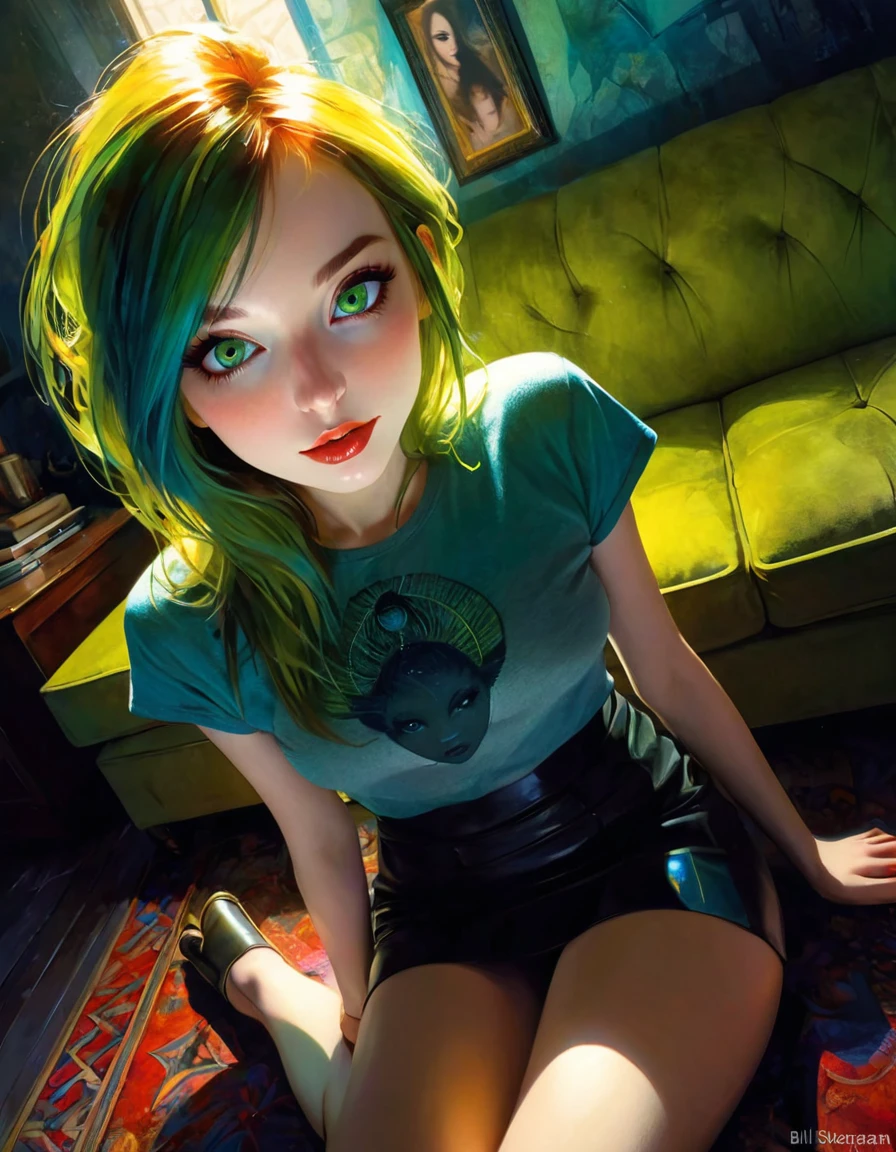 ((masterpiece)), ((best quality)), (ultra detailed), ((extremely detailed)), 4K, (8K), best quality, (beautiful), realistic style, in the room, on the bed, a cute girl, 1 girl, alone, miniskirt, beautiful long multicolored hair, beautiful green eyes, ((beautiful eyes)), long hair, light smile, blush, lens flare, from above, selfie, night, on the couch in a living room overlooking a magical night with stars, eroticism, sexy, (best quality, 4k, 8k, high resolution, masterpiece: 1.2), ultra-detailed, (realistic, photorealistic, photorealistic: 1.37), details intricate, vivid colors, sharp focus, professional, Dave McKean artwork, surrealism oil touch, oil painting style, portrait, woman, beautiful detailed eyes, beautiful detailed lips, dreamy atmosphere, shadow play, lighting soft, fun pose, dark tones, ethereal background, fantasy elements, texture, layered composition., art inspired by Bill Sienkiewicz and Dave McKean.

