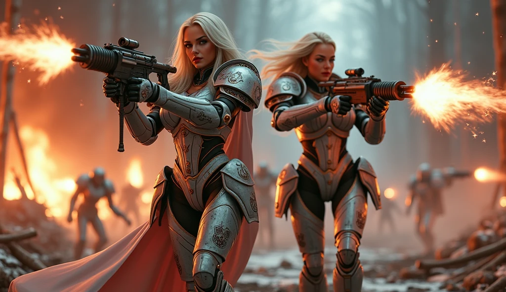 a beautiful woman with long platinum blonde hair, porcelain skin, ice blue eyes, sexy sisters of battle from the warhammer 40k, shooting at the enemy, frosty white and light blue space marine armor with intricate details, religous symbols on the armor, sisters of battle, warhammer 40k, Massive silicone breast, pale skin, seductive, temptation, eat your soul, clevage, , standing in a magical winter wonderland with snow-covered trees and frozen lakes, intricate ice crystals and snowflakes surrounding her, (best quality,4k,8k,highres,masterpiece:1.2),ultra-detailed,(realistic,photorealistic,photo-realistic:1.37),fantasy,digital art,cinematic lighting, highly detailed armor, intricate futuristic weaponry, gritty and realistic, mecha, science fiction, hyper-detailed, photorealistic, award winning digital art, 8k, HDR, masters work, in the middle of a battle field, full body combat action pose, explosions and fire around, full war, charging, running forward, attacking, stunning, Stilleto heels, high heels, full body pose, cinematic, dust and debree, combat screams, attacking, shooting at the enemy, sisters of battle, warhammer 40kdramatic color palette,frozen landscape,ice powers,snow queen