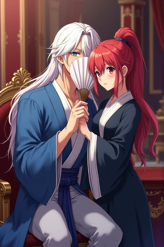 A royal setting background, a handsome male anime character with long white hair dressed in blue robes sitting with a fan to cover his face and an anime female character with cherry red hair standing a little closer to him dressed in historical fiction robes in a sassy position.



((Historical Fantasy Romance/Modern world))
((Young Adult))
((Paranormal Romance))
((Royal Court Fantasy))