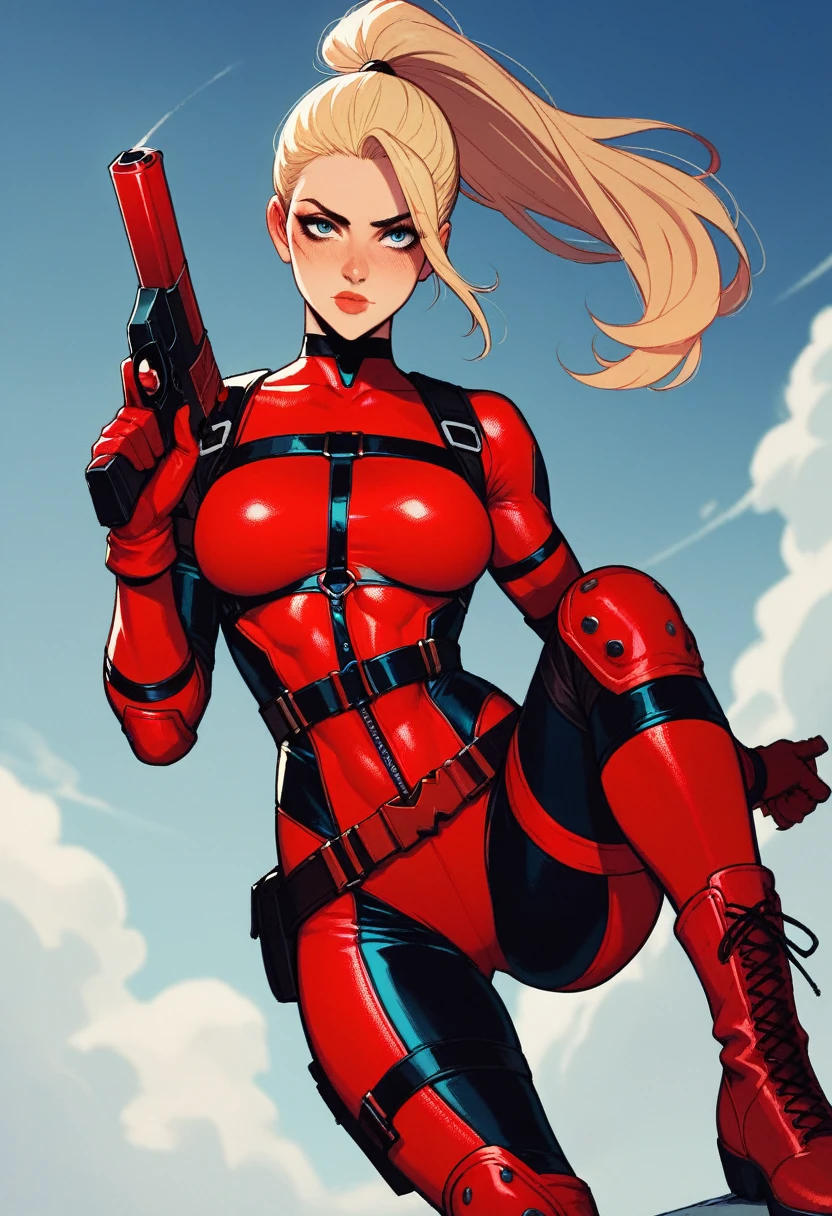 1girl, blonde ponytail, deadpool bodysuit, black harness, black bands, ultility belt, knee pads, red gloves, red boots, hand guns