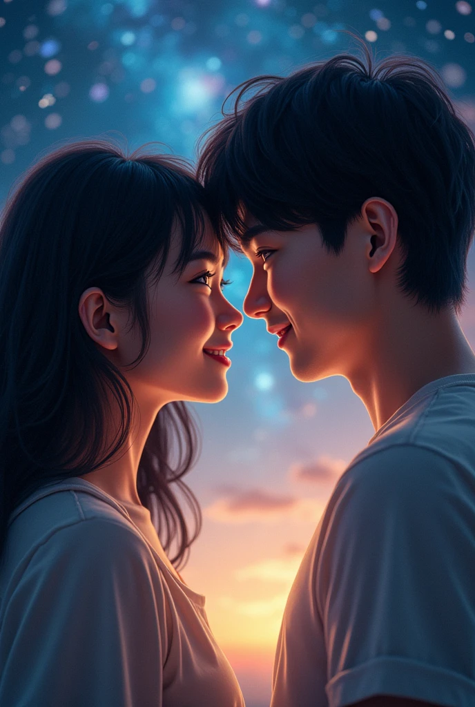 Close-up of a couple face,a young woman and young man, outer space in the background (stars and galaxies shining beautifully), charming, large "mochiman" on the screen is written in large letters on the screen,Smile, High Resolution, Black Hair, Medium Hair, Light Smile,