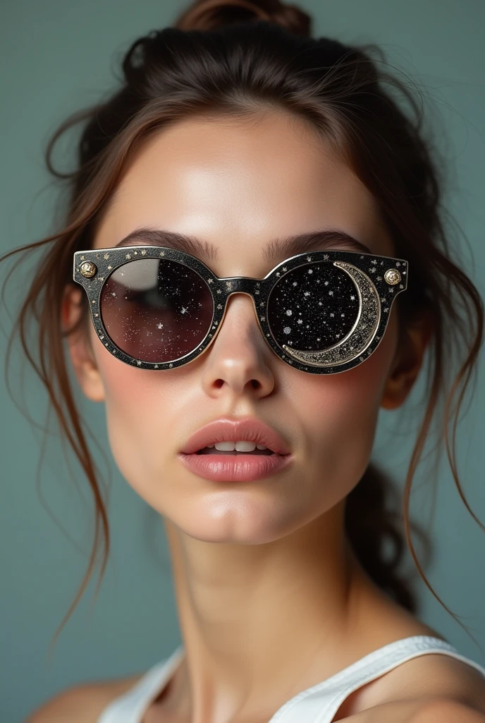 The model is wearing glass sunglasses with stars and the moon on the glass