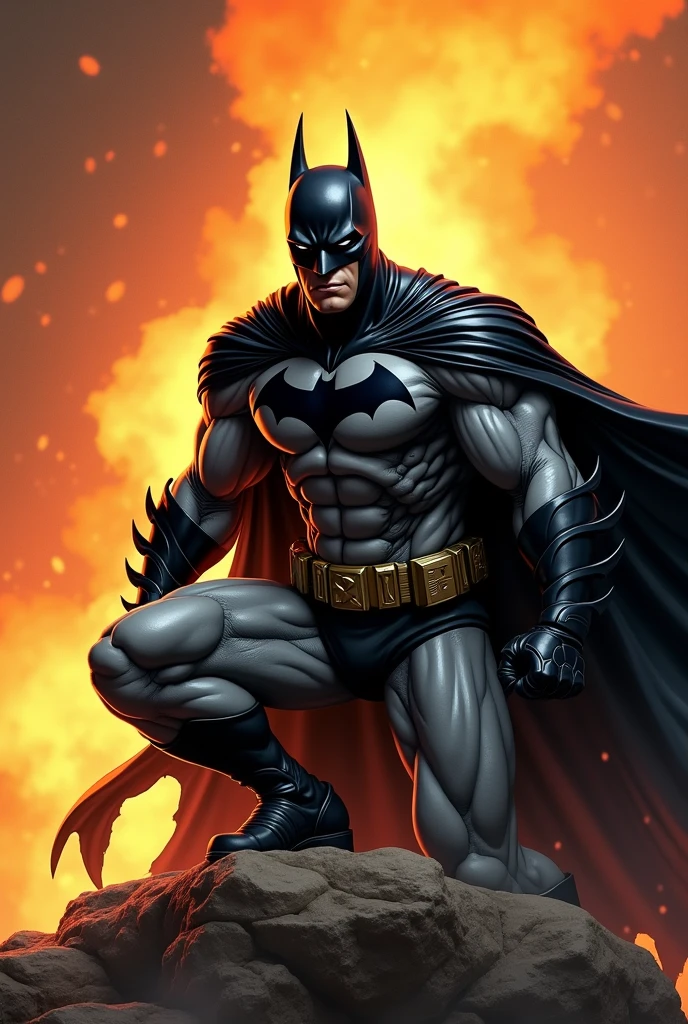 Dynamic and dramatic stylized hyperrealism style illustration featuring Batman in 4K high-quality resolution. The layout is vertical, with Batman positioned in the center, crouching on a rocky outcrop. He is depicted in his classic black and grey anatomically correct costume, complete with a flowing cape and pointed ears on his cowl. The background is dominated by intense, vibrantly rendered fiery flames in shades of orange and yellow, creating a stark contrast with Batman's dark attire. Batman's muscular physique is highly detailed and highlighted, and his expression is determined and focused. The overall composition is action-packed, visually striking, and award-winning, with an emphasis on super detailing and best quality. In the lower left corner, the artist's signature 'IG' is subtly yet proudly displayed, blending seamlessly into the fiery backdrop.