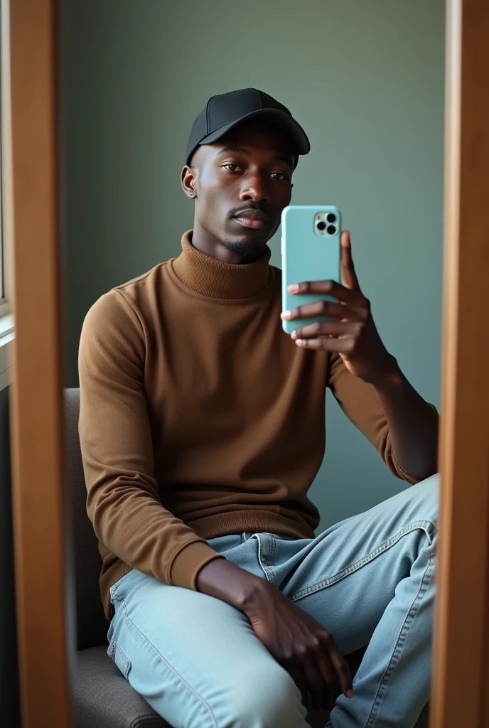best qualityer:1.4), (ultra high resolution:1.2), (photorrealistic:1.4), (8k, CRU photo:1.2), a thin young man of 20 years old, skin black, with a smooth, beardless face, corte de cabelo buzzcut, He's wearing a black cap. He is wearing a brown turtleneck shirt.. is wearing light jeans. Basic white sneakers. He is sitting on the chair in front of the mirror. He's taking a picture. thin build. iPhone 15 pro cell phone with baby blue case. The iPhone apple