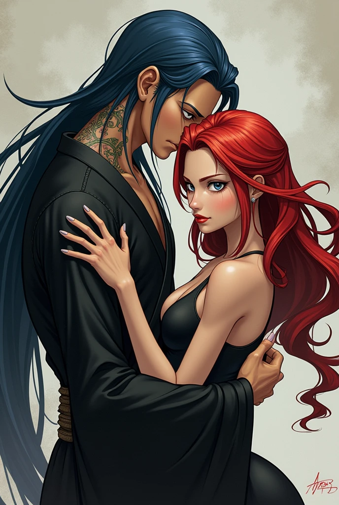 A man, with the drawing style of ONE PIECE, that has long dark blue hair, elegant hairstyle, black chinese culture clothing style and gray eyes. And with a tattoo of a snake on the neck. And a woman with long red hair,white eyes. The man is hugging her from behind The woman is grumpy