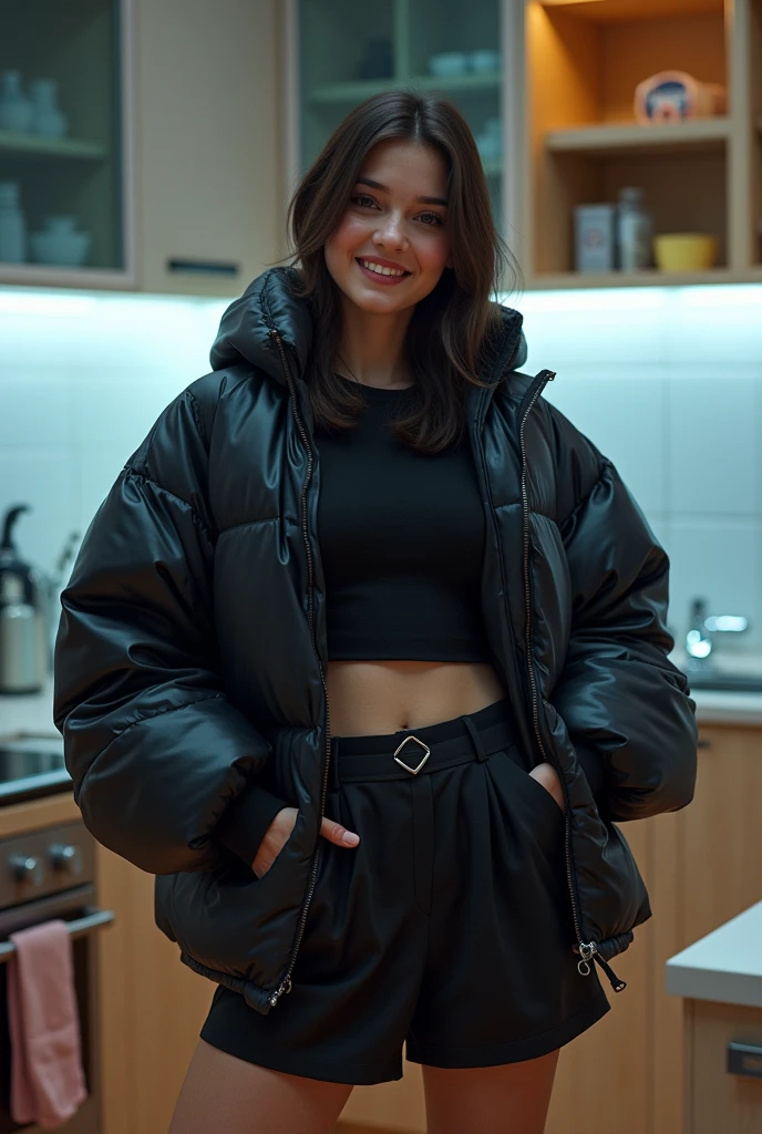A Sweaty 21yo, WHITE CAUCASIAN WOMAN SMILING, WEARING COLLEGE UNIFORM, BLACK PUFFER JACKET, BLACK SHINY TRAINERS, MODELLING, IN KITCHEN, photorealistic, medium shot, intricate, very coherent, futuristic, summer, ,(cyberpunk:1.2), cinematic film still, lights, noir, ultramodern, dystopian, (sleek), cybernetic, Gustav Klimt, (Lillian Bassman, Erwin Blumenfeld), Katsuhiro Otomo