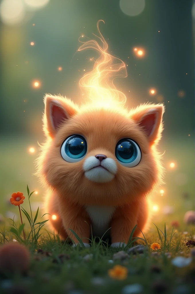 Little furry ball with two blue eyes, brown fur and a small orb around it
