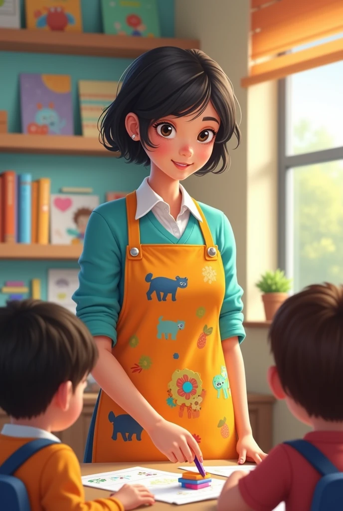 Kindergarten teacher with short dark hair wearing her apron
