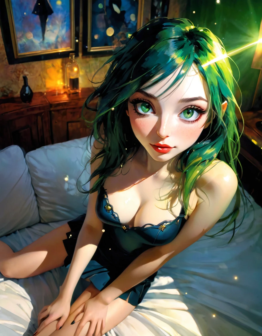 ((masterpiece)), ((best quality)), (ultra detailed), ((extremely detailed)), 4K, (8K), best quality, (beautiful), realistic style, in the room, on the bed, a cute girl, 1 girl, alone, miniskirt, beautiful long multicolored hair, beautiful green eyes, ((beautiful eyes)), long hair, light smile, blush, lens flare, from above, selfie, night, on the couch in a living room overlooking a magical night with stars, eroticism, sexy, (best quality, 4k, 8k, high resolution, masterpiece: 1.2), ultra-detailed, (realistic, photorealistic, photorealistic: 1.37), details intricate, vivid colors, sharp focus, professional, Dave McKean artwork, surrealism oil touch, oil painting style, portrait, woman, beautiful detailed eyes, beautiful detailed lips, dreamy atmosphere, shadow play, lighting soft, fun pose, dark tones, ethereal background, fantasy elements, texture, layered composition.{{{,{pussy,spread her pussy,cum,cum on pussy,masterbation,straddling,y}}},cute,ultra detailed skin,sketch}}}, art inspired by Bill Sienkiewicz and Dave McKean.
