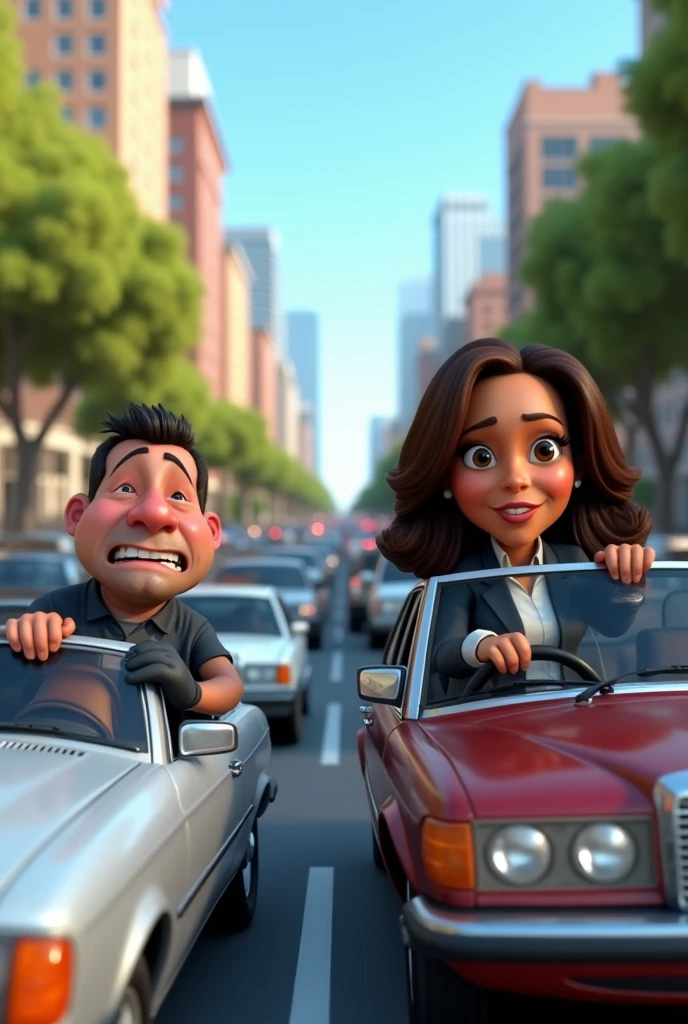3d cartoon vice president kamala harris in car driving
man is stuck in traffic
man is sweating profusely
man looks in pain