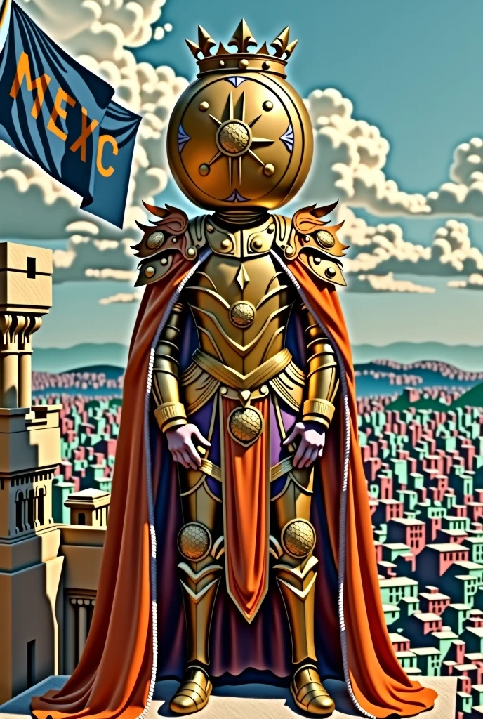 The king, whose head is very big and looks like a coin and has orange armor and a beautiful crown, is standing on top of the castle and looking at a big city, whose flag is written "MEXC" and the color of this flag is dark blue.