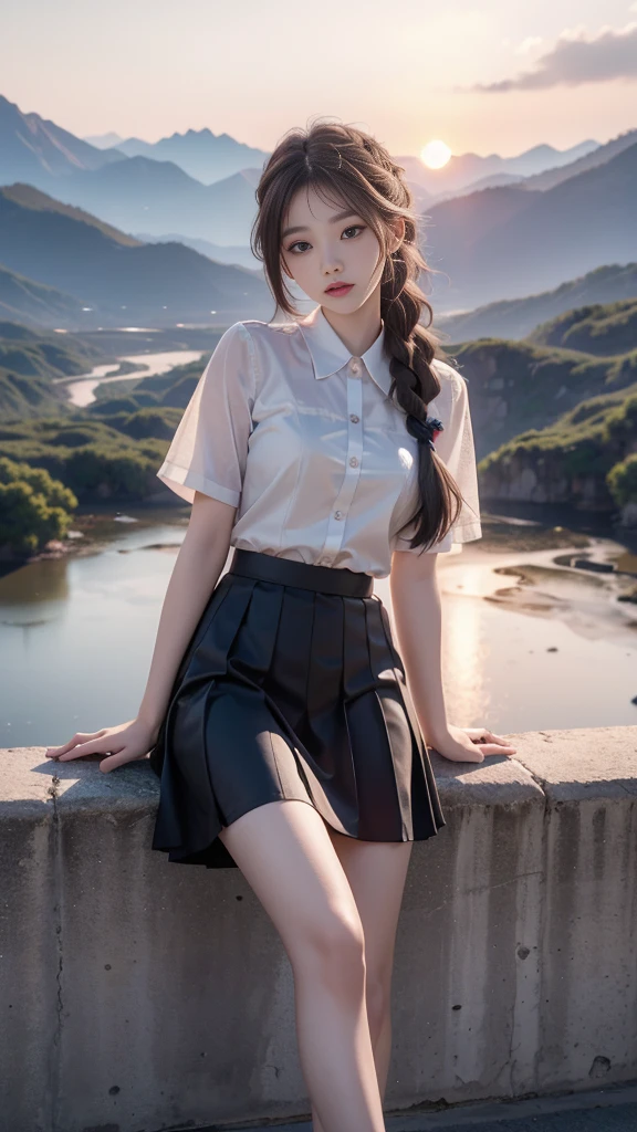 ulzzang-6500-v1.1, (RAW photo: 1.2), (Real photo), (Real photo: 1.4), 1 girl、Perfect anatomy、1、Looking at the camera、Medium length hair、side braids, Uniform sexy skirt, watching the sunset, ((in the mountains: 1.1))、(Business service)、Asian eyes Ella,
