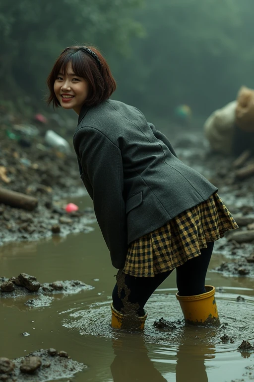((Highest quality)), ((masterpiece)), Dark dirty garbage filled pitch black green sludge quagmire at waste dump、Cute Japanese woman with short hair、boyish、Brown Hair、Plump figure、Beautiful breasts、Thicker legs、Buried in the mud in yellow Hunter rain boots、Blazer uniform muddy、Checkered flared skirt covered in mud、Black tights torn and covered in mud、Mud stains on face、Mud stains on clothes、Leaning forward、Look back and smile