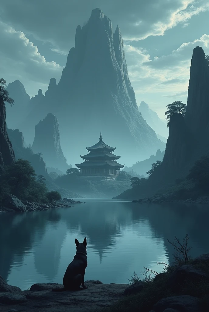 Create an anime style image: A dark lake with a dog around it, it&#39;s some floating islands in the sky, next to a large temple is abandoned and old.