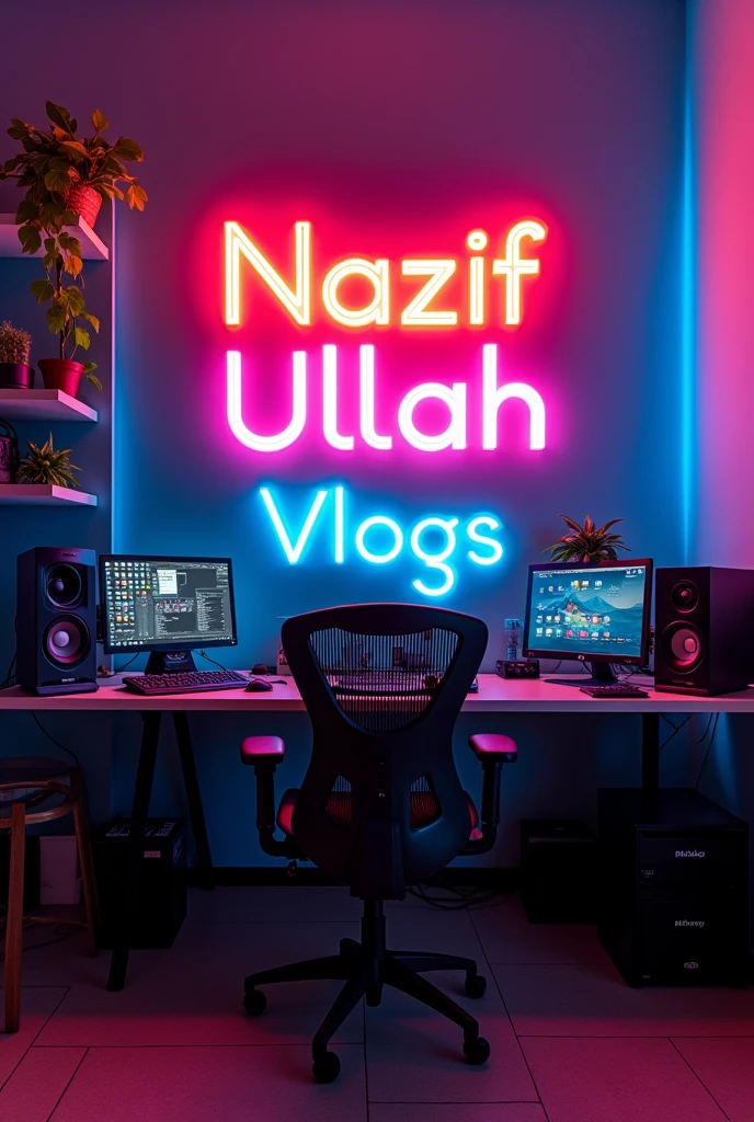 Create studio room with Computer Setup Inside On the wall Behind as Bright Lighting Glowing Text With Different colours & Different Rooms Says " Nazif Ullah Vlogs "