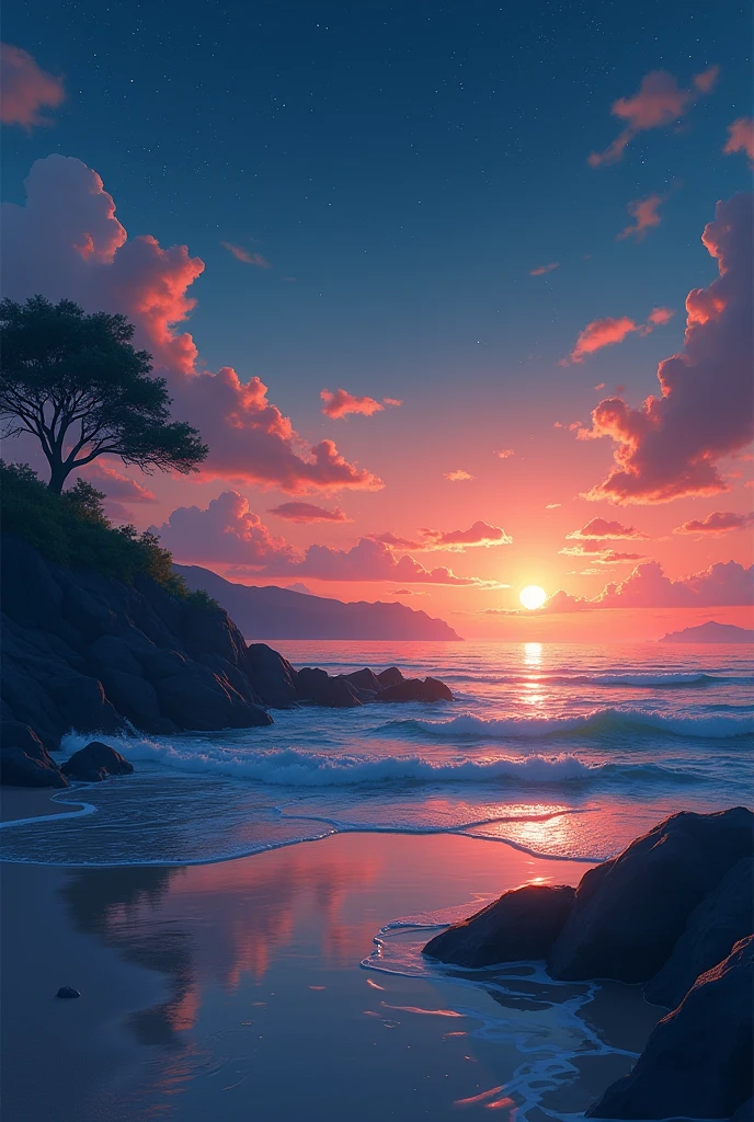 Viral anime nature wallpaper in 4K quality, in the style of photography with a 35mm lens inspired by Keiichi Hara, capturing a serene beach at twilight with gentle waves, a sky transitioning from orange to deep blue, and a silhouette of distant islands; warm and tranquil color temperature, cosmos lighting with stars twinkling in the sky, no human characters, the atmosphere is peaceful and reflective --v 5 --stylize 1000