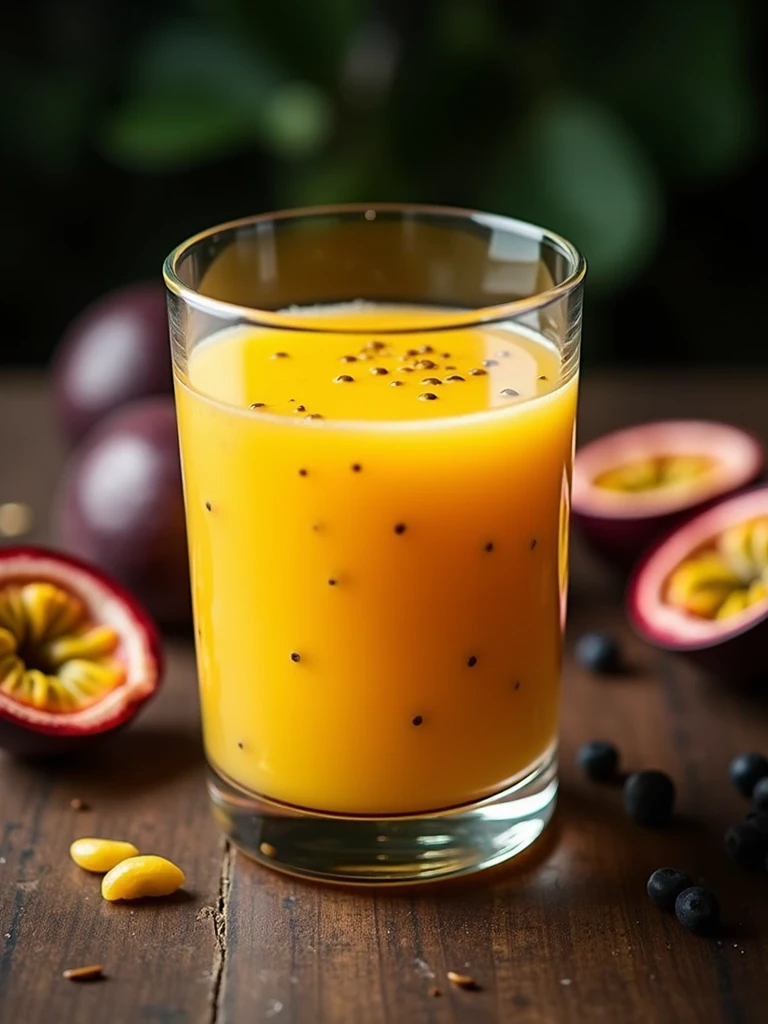 closer on the passion fruit juice glass on the table , in the background with black blur
