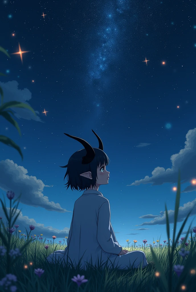 An adult girl with a short haircut like a boy, with black hair and black horns like a Chinese dragon, with ears like an elf, sits in a field at night and looks at the stars in the anime style photo from above