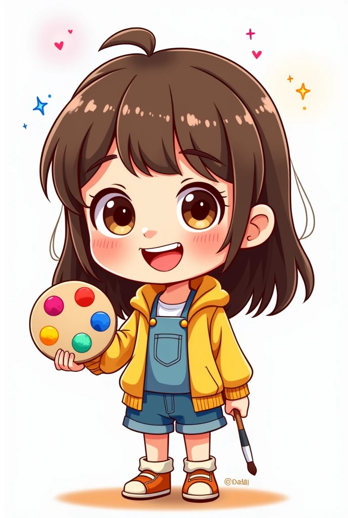 Create a cartoon mascot, child with long straight hair, and short bangs, light brown eyes and I want her to be holding a brush and a paint palette in her hands