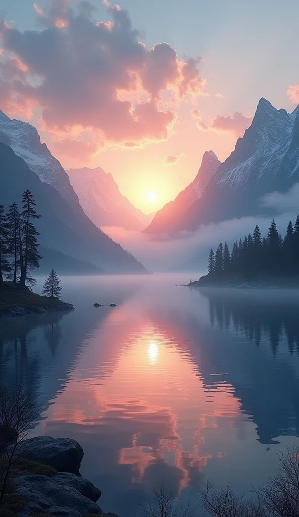 A serene and beautiful natural scene — like a Hindu sunrise over mountains or a calm lake.