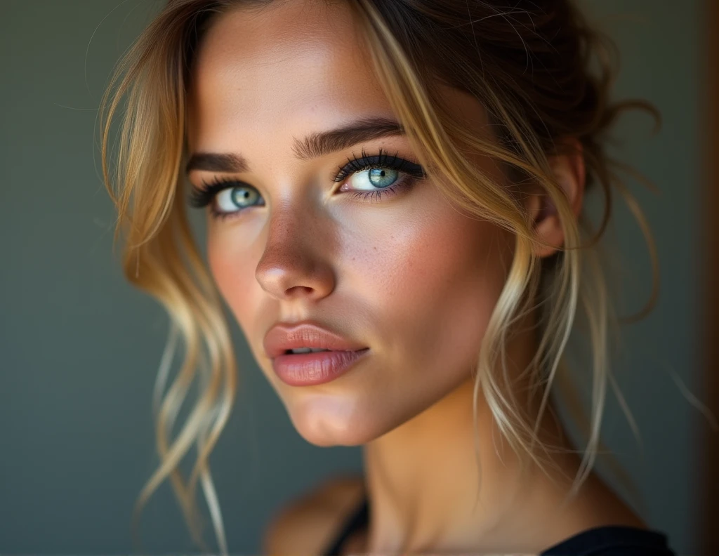 ((Half-length photo of a beautiful girl)), ((Italian nationality)), ((blonde with brown highlights)), ((hair tied up)), the girl looks shy, ((detailed face)), ((detailed skin))a little bit dark skin, attractive figure, ((big round blue eyes)), black eyeliner, ((sensual lips)), suggestive pose, ((works out at the gym)), ((just finished a morning workout)), ((the photo should be of the highest quality)), ((very realistic)), ((natural)), ((clear)), close-up of the face, around 20 years old