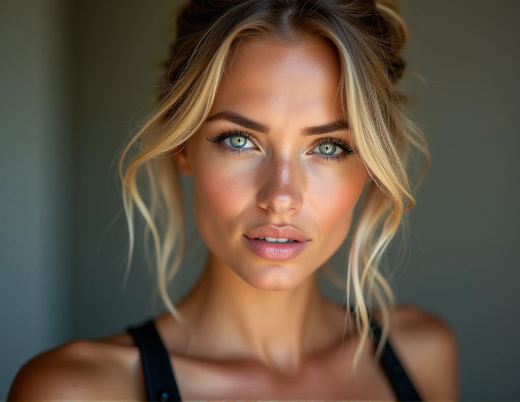 ((Half-length photo of a beautiful girl)), ((Italian nationality)), ((blonde with brown highlights)), ((hair tied up)), the girl looks shy, ((detailed face)), ((detailed skin))a little bit dark skin, attractive figure, ((big round blue eyes)), black eyeliner, ((sensual lips)), suggestive pose, ((works out at the gym)), ((just finished a morning workout)), ((the photo should be of the highest quality)), ((very realistic)), ((natural)), ((clear)), close-up of the face, around 20 years old