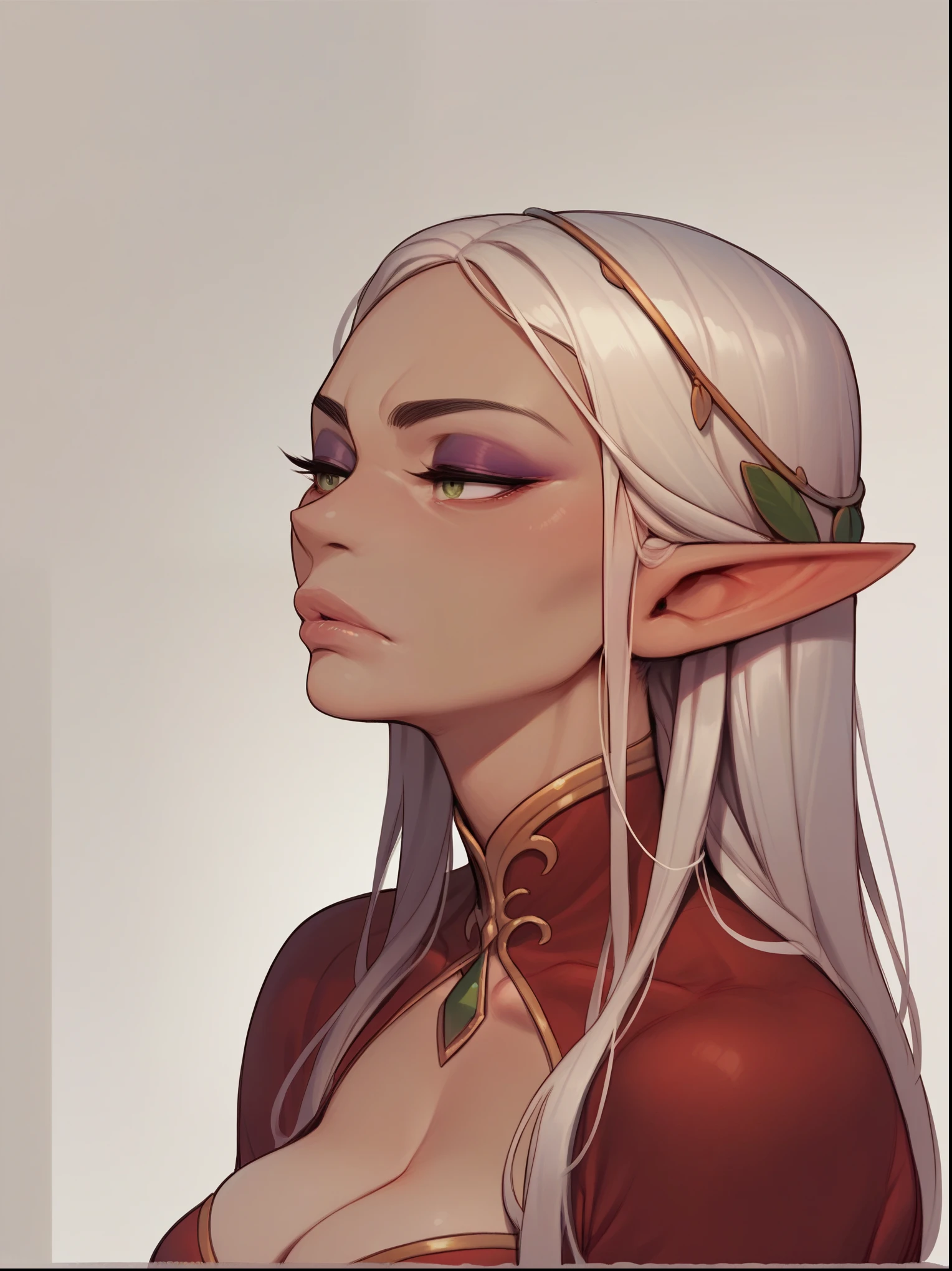 score_9, score_8_up,score_7_up, score_6_up, score_5_up, score_4_up, woman, best quality, highres, portrait, solo, beautiful, makeup, soft lips, Missandei (serious), large cleavage, beautiful dress, (((simple background))), thin elf ears,