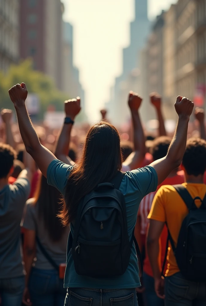 A group of people demonstrate with clenched fists raised from the back view