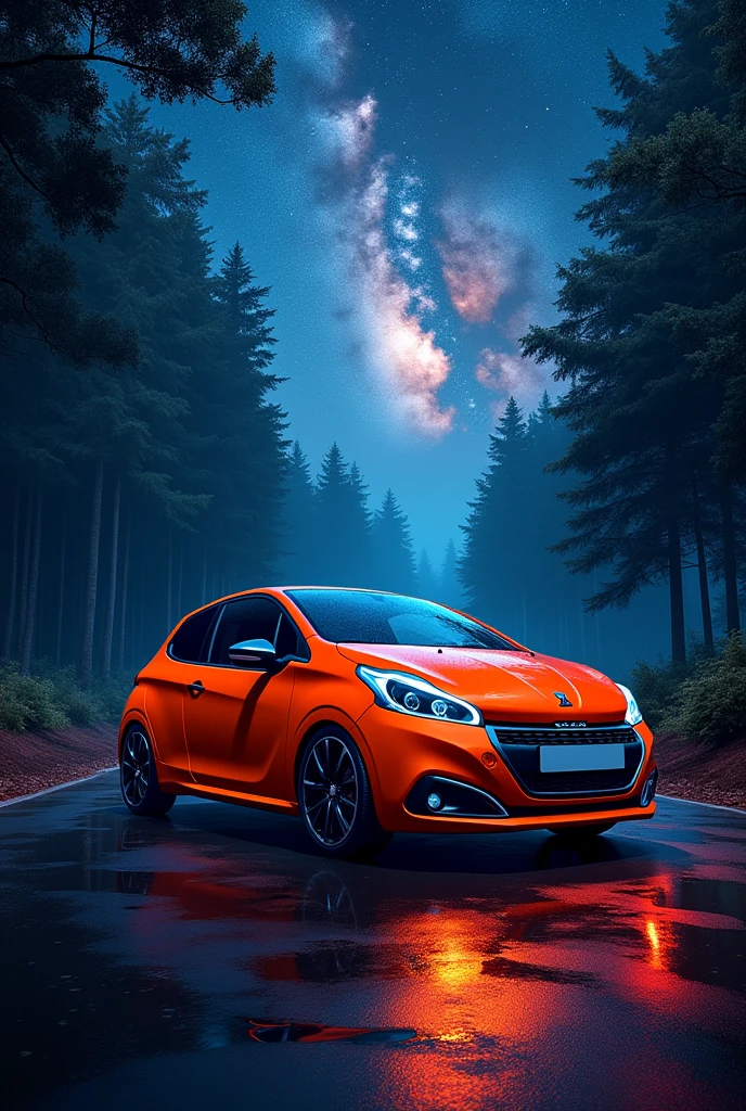 realisti, masterpiece, Peugeot 208 gti in orange diagonally in the foreground, night in the background, and milky way in the background in neon style, in forest,