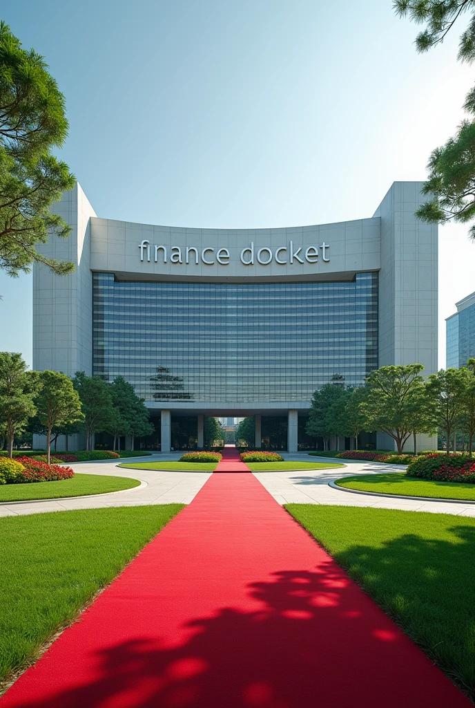A company headquarters with Singaporean architecture,  it is large from left to right, Grass and flowers altogether with a driveway on the compound ,red carpet at the entrance, FINANCE DOCKET written on the concrete built on the grass in the compound 