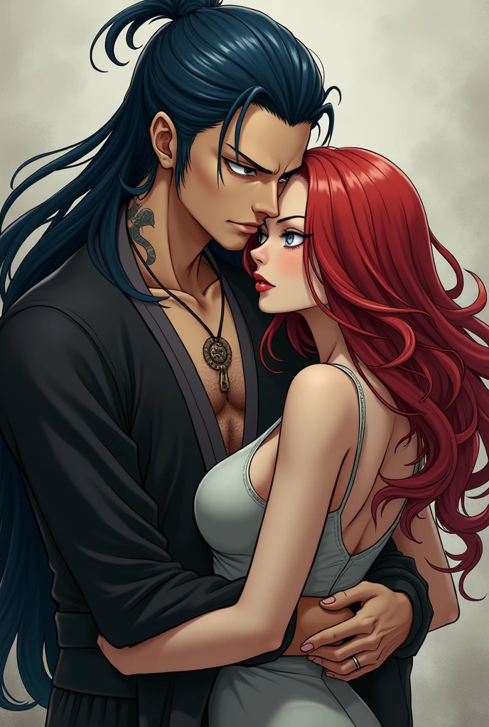 A man, with the drawing style of ONE PIECE, that has long dark blue hair, elegant hairstyle, black chinese culture clothing style and gray eyes. And with a tattoo of a snake on the neck. And a woman with long red hair,white eyes. The man is hugging her from behind The woman is grumpy