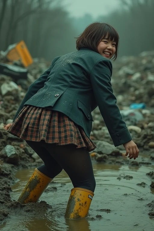 ((Highest quality)), ((masterpiece)), Dark dirty garbage filled pitch black green sludge quagmire at waste dump、Cute Japanese woman with short hair、boyish、Brown Hair、Plump figure、Beautiful breasts、Thicker legs、Buried in the mud in yellow Hunter rain boots、Blazer uniform muddy、Checkered flared skirt covered in mud、Black tights torn and covered in mud、Mud stains on face、Mud stains on clothes、Leaning forward、Look back and smile