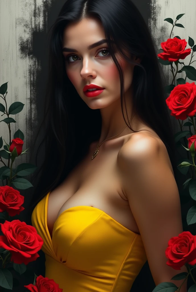 woman, long straight black hair, big bust, yellow dress, black and white silhouette image, red roses around, looking at the camera, photorealistic