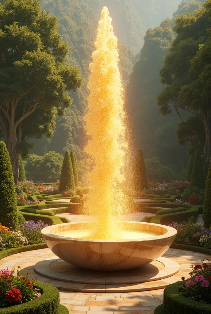 A big marble in a garden a golden water in it and  from which water goes up fast 